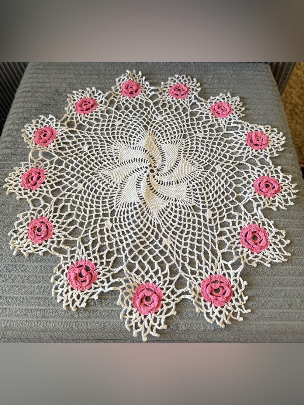 Vintage White Crochet Doily with Pink Rose Accents Floral Decor Vase